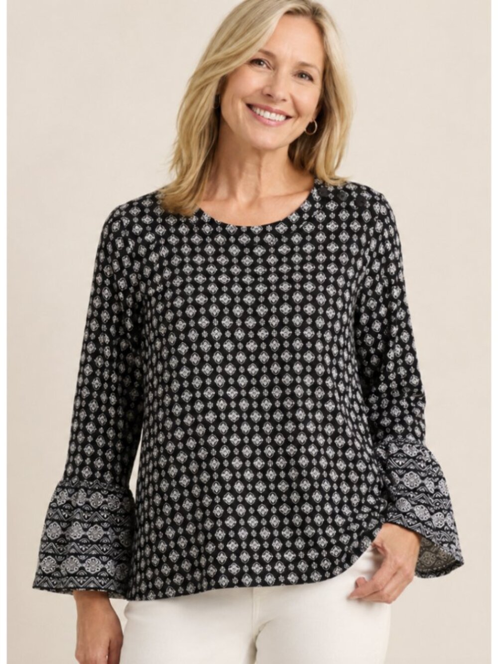 J. JILL Luxe Supima Ruffled Sleeve Top XS Black Crewneck Preppy Comfy Travel